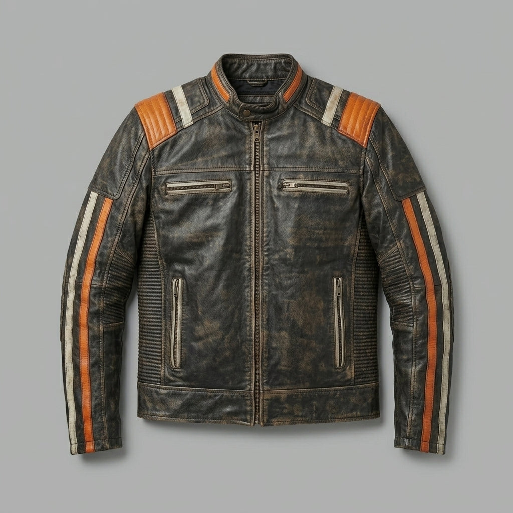 Men’s Retro Stripe Leather Riding Jacket – Limited Edition Moto Style