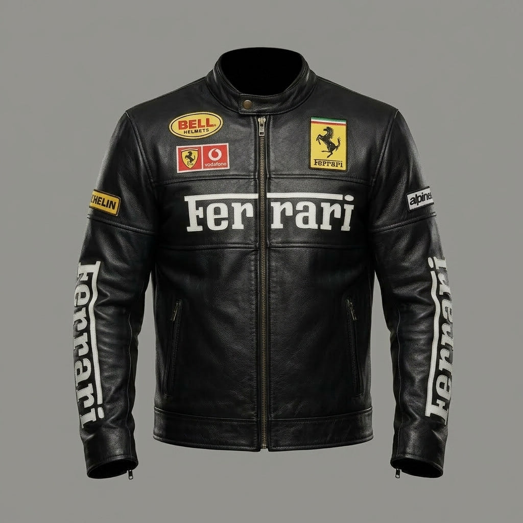 Men’s Leather Racing Jacket – Embroidered Chest Script Edition