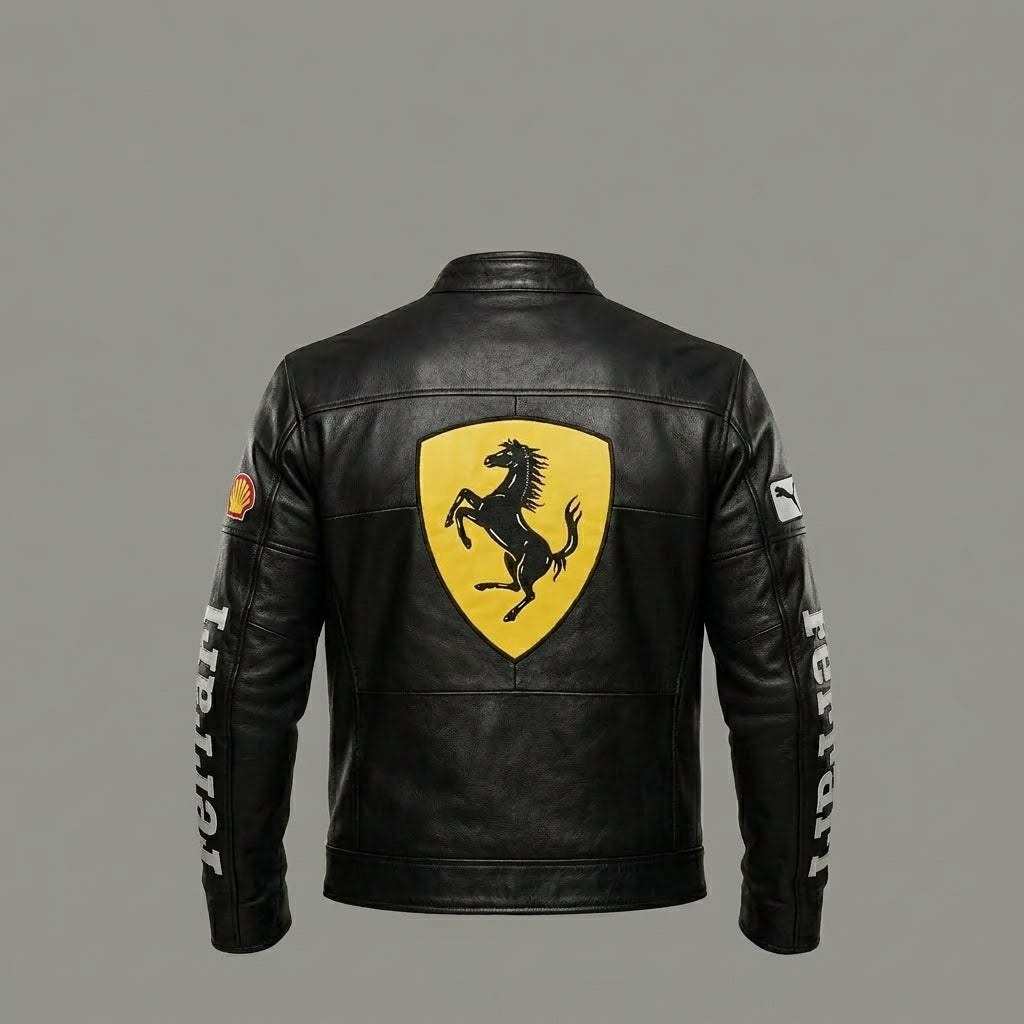 Men’s Leather Racing Jacket – Embroidered Chest Script Edition