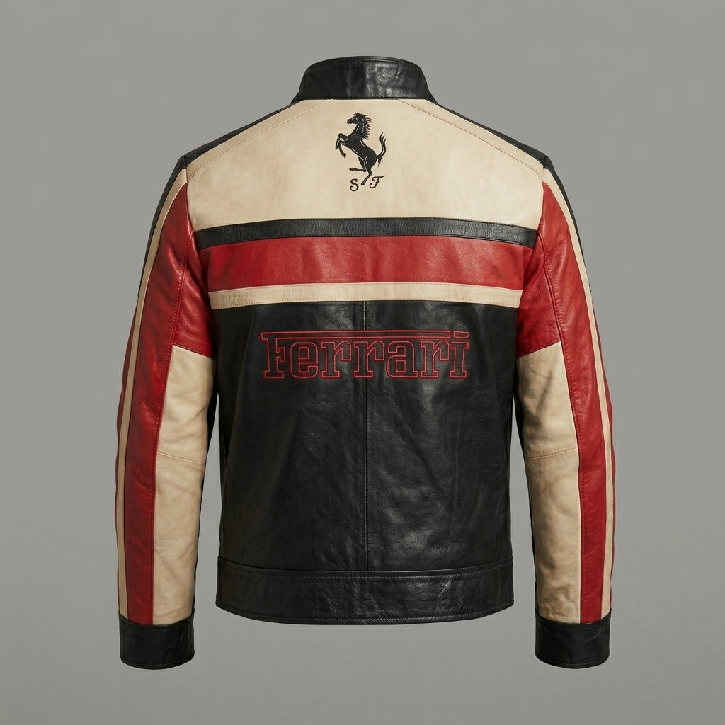 Men’s Black Leather Moto Jacket – Orange & Grey Accent Racing Style