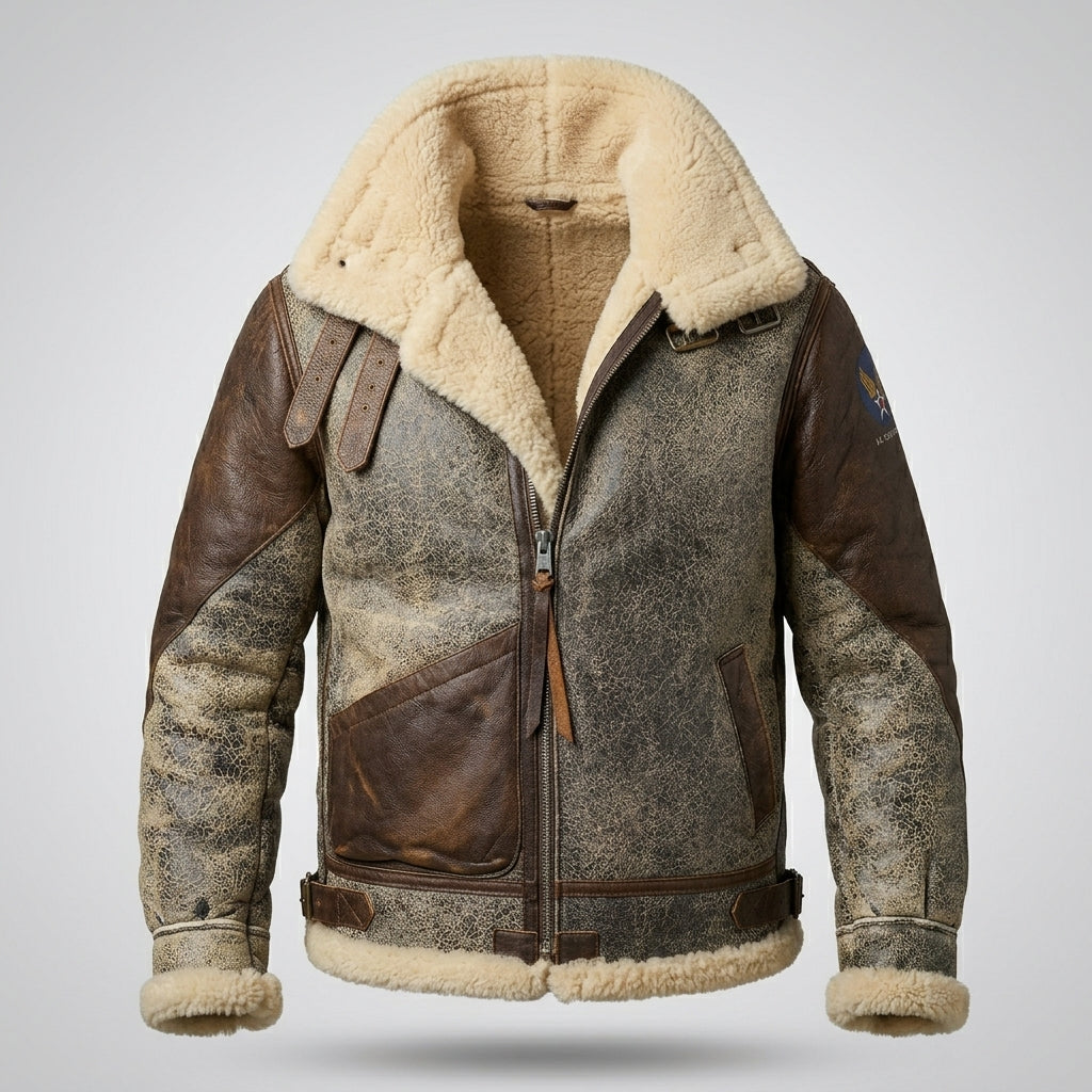 Men’s B-3 Leather Bomber Jacket – 100 Missions Aviation Shearling Flight Coat