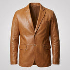 Men’s Tan Lambskin Leather Blazer – Classic Two-Button Tailored Sport Coat