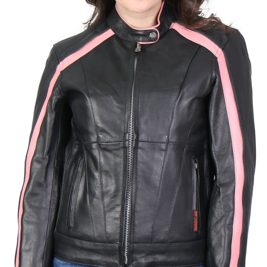 Hot Leathers Ladies Pink Riot Black Leather Motorcycle Jacket - JKL1022