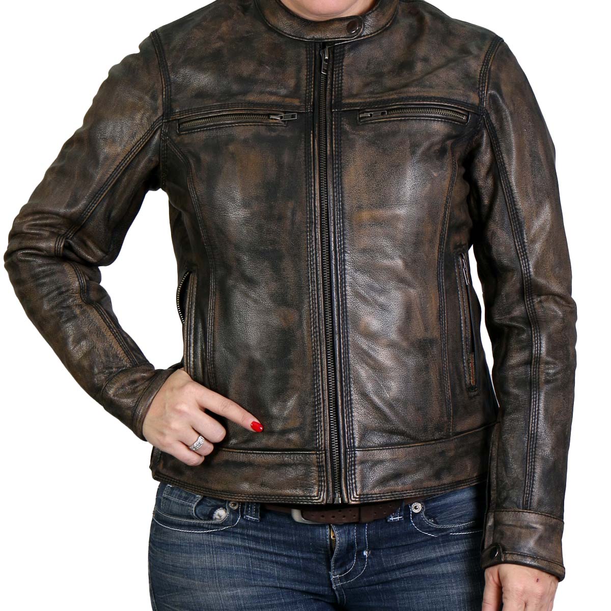 Hot Leathers Ladies Burnished Brown Leather Motorcycle Jacket - JKL1024
