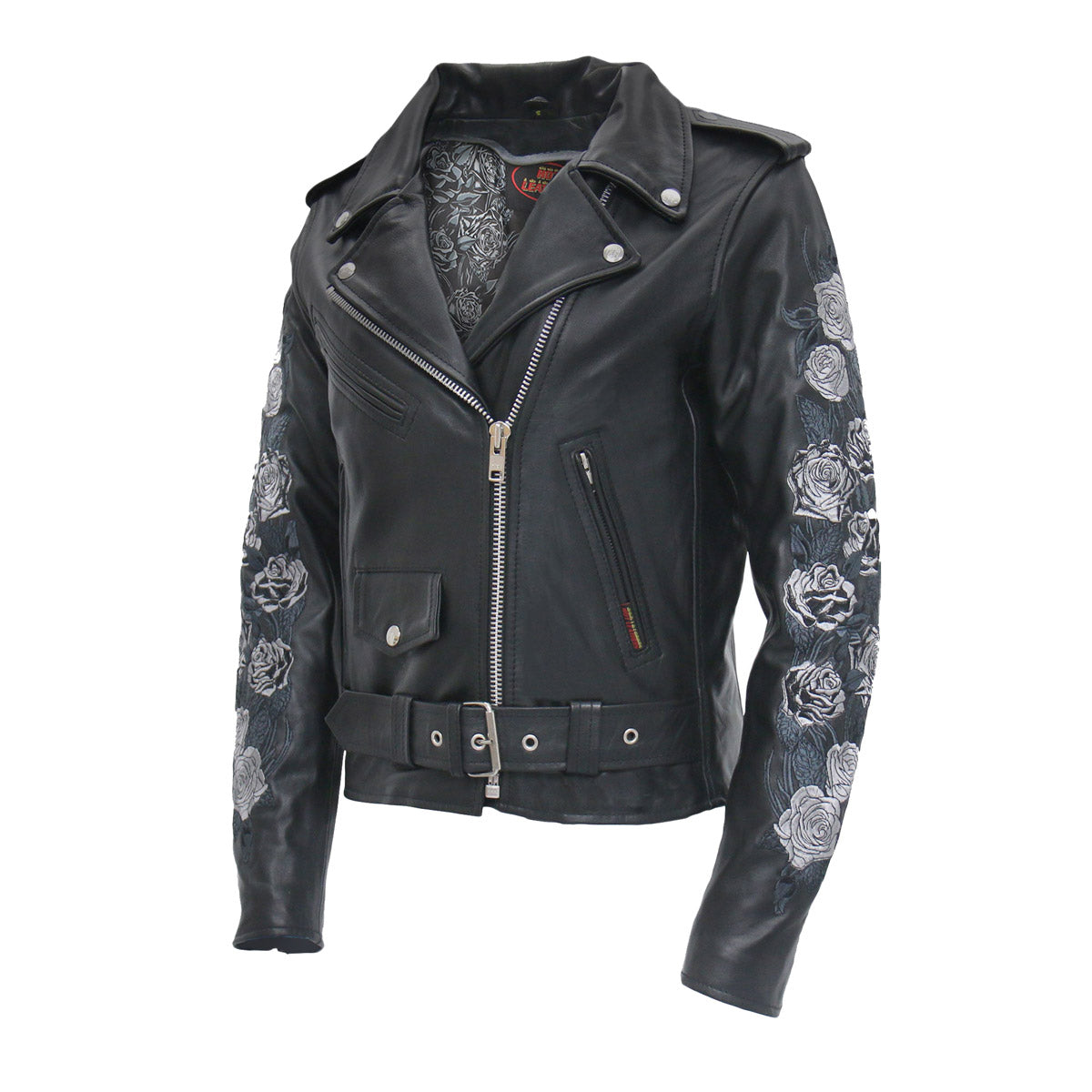 Hot Leathers Ladies Black Bouquet Black Leather Motorcycle Jacket - JKL2002
