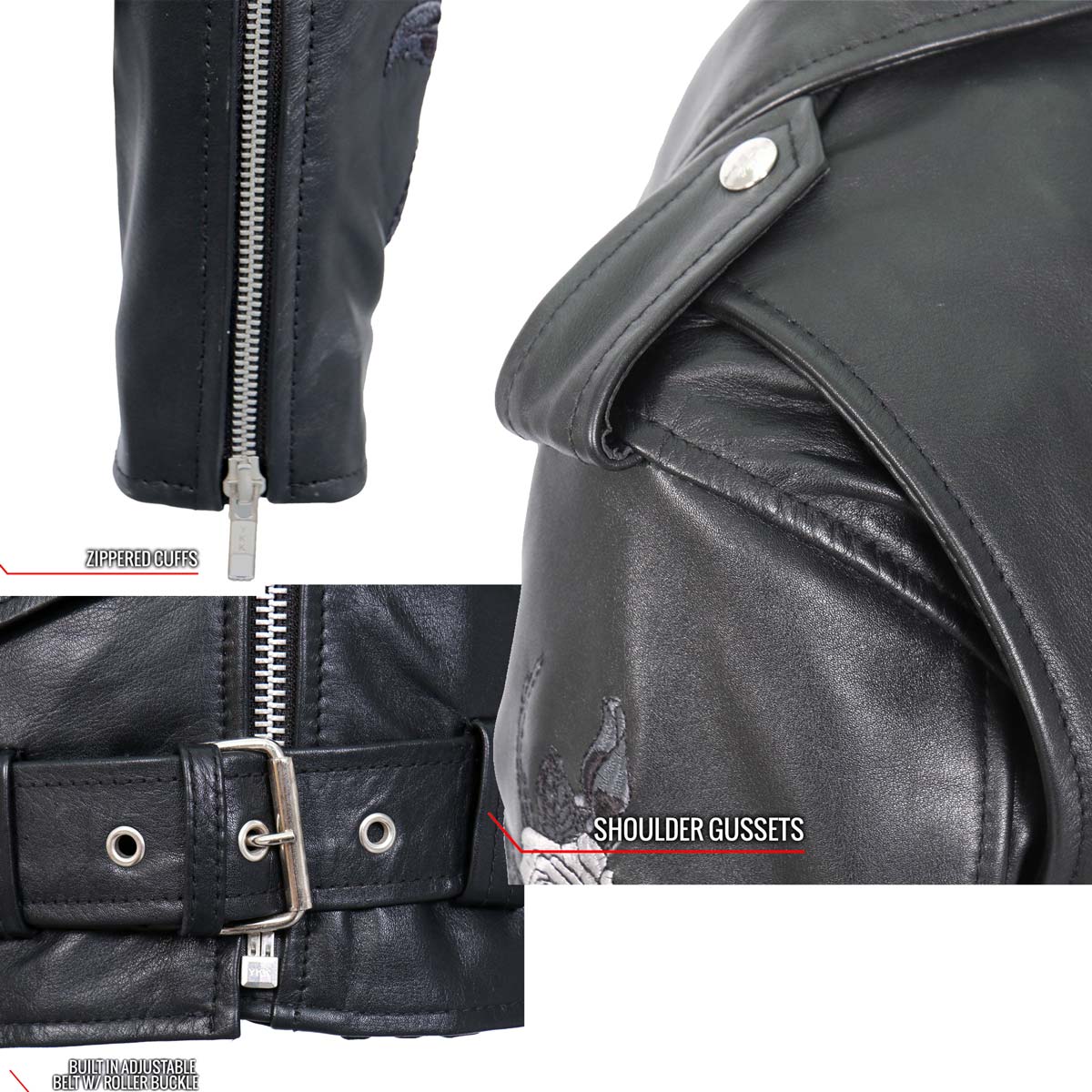 Hot Leathers Ladies Black Bouquet Black Leather Motorcycle Jacket - JKL2002