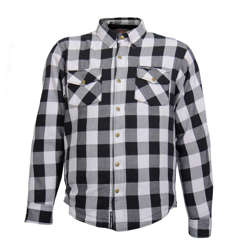 Hot Leathers JKM3005 Men's White/Black CE Armored Flannel Motorcycle Shirt Jacket - Aramid Fiber Reinforced