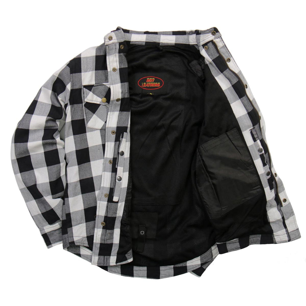 Hot Leathers JKM3005 Men's White/Black CE Armored Flannel Motorcycle Shirt Jacket - Aramid Fiber Reinforced