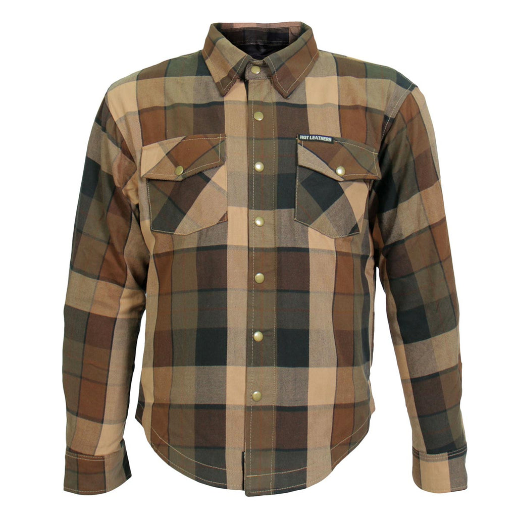 Hot Leathers JKM3007 Men's Black/Brown CE Armored Flannel Motorcycle Shirt Jacket - Aramid Fiber Reinforced