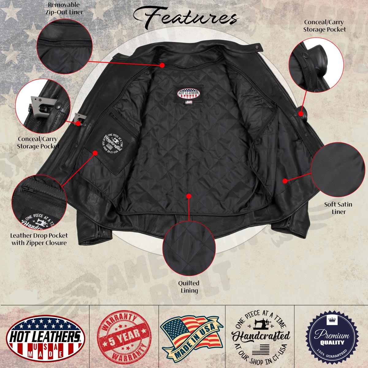 Hot Leathers JKM5003 USA Made Men's 'Echo' Premium Black Leather Motorcycle Jacket with Reflective Piping