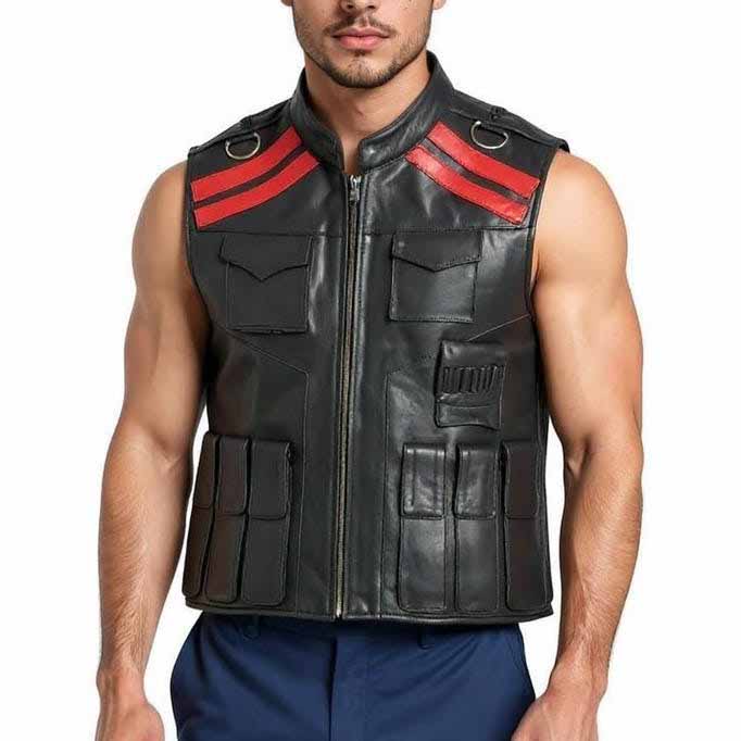 Men Red and Black Leather Vest with Mortal Kombat Johnny Cage Inspired Style