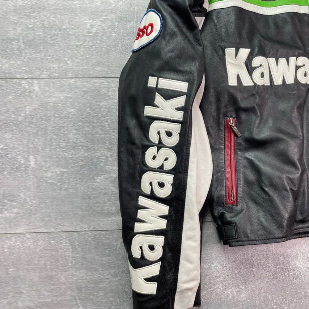 Kawasaki Racing Team Cowhide Leather Motorcycle Jacket – Vintage Armor Edition