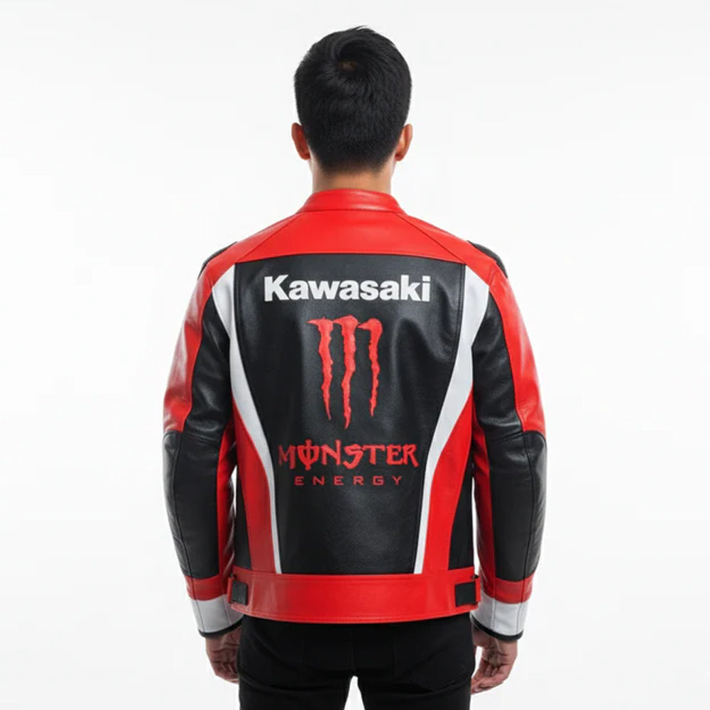 Kawasaki Monster Energy Racing Jacket – Red & Black Cowhide Biker Gear