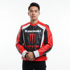 Kawasaki Monster Energy Racing Jacket – Red & Black Cowhide Biker Gear