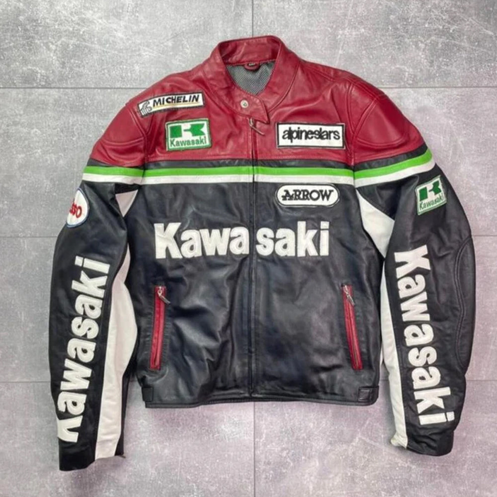 Kawasaki Racing Team Cowhide Leather Motorcycle Jacket – Vintage Armor Edition