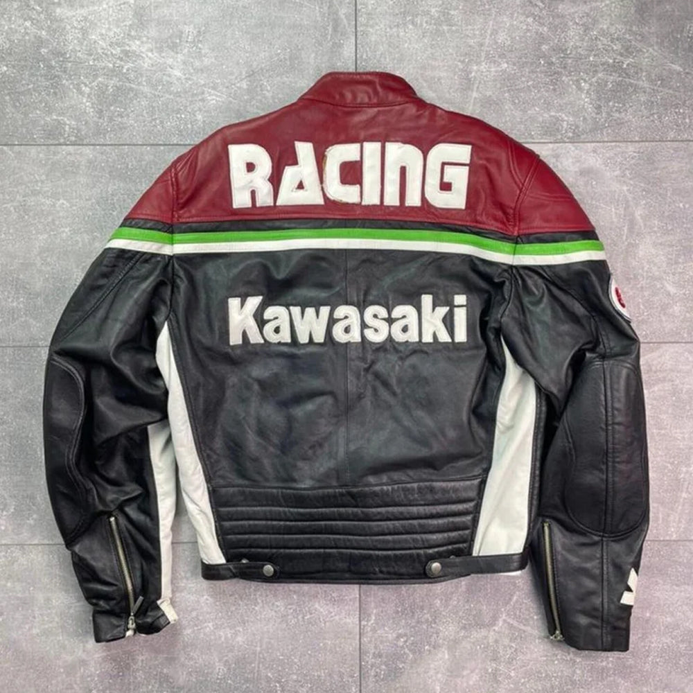 Kawasaki Racing Team Cowhide Leather Motorcycle Jacket – Vintage Armor Edition