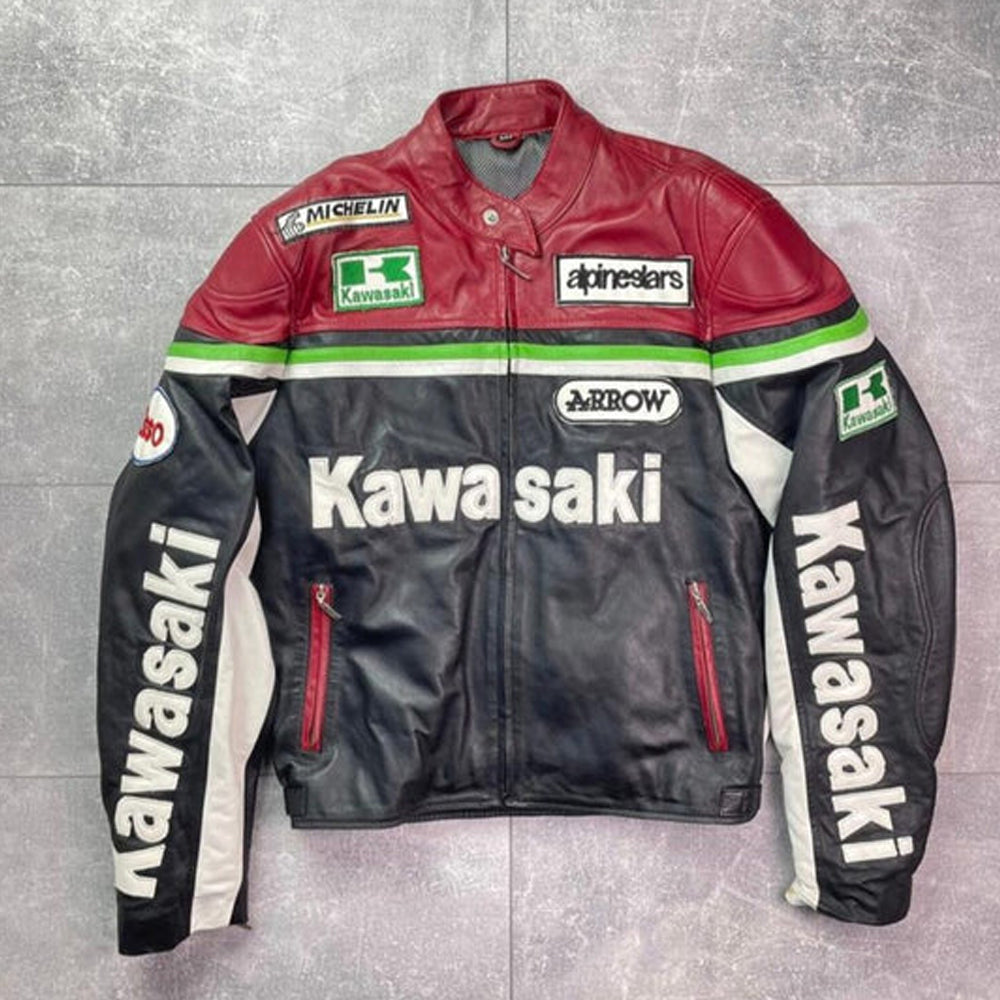 Kawasaki Racing Team Cowhide Leather Motorcycle Jacket – Vintage Armor Edition