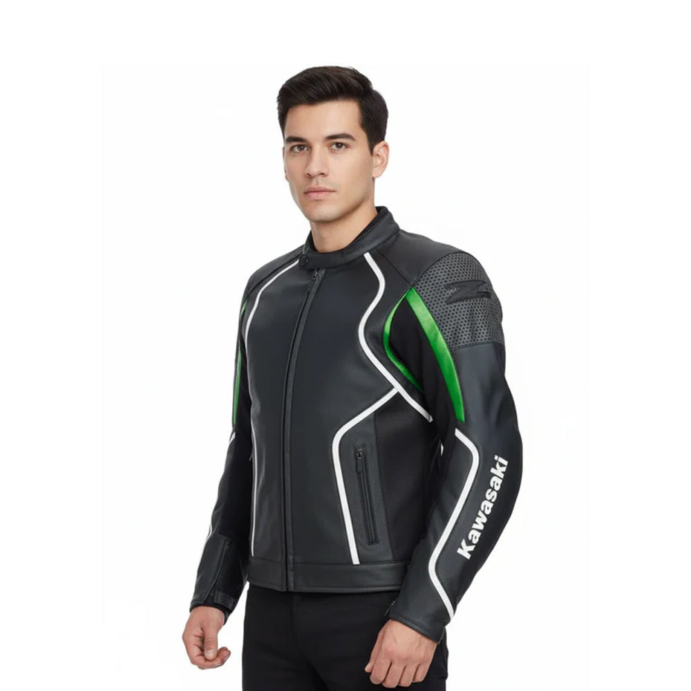 Kawasaki CE Armored Racing Jacket – Stealth Black & Lime Green Leather