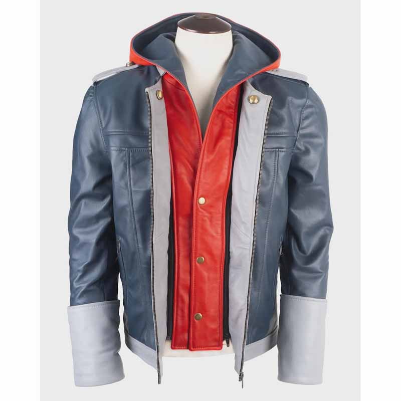 Unisex Blue Real Sheepskin Leather Jacket with Sora Hooded Cosplay Style