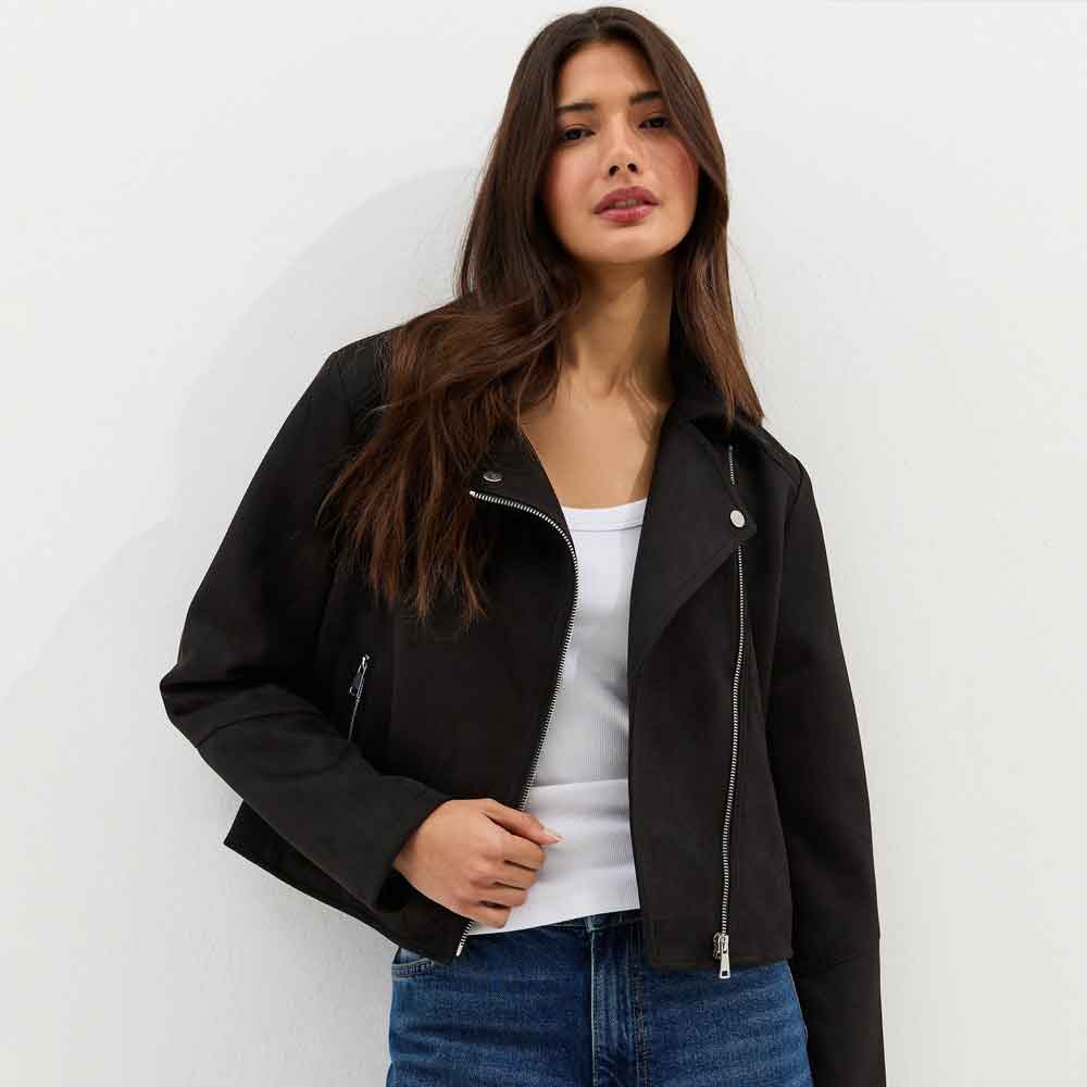 Ladies Black Suede Jacket in Biker Style