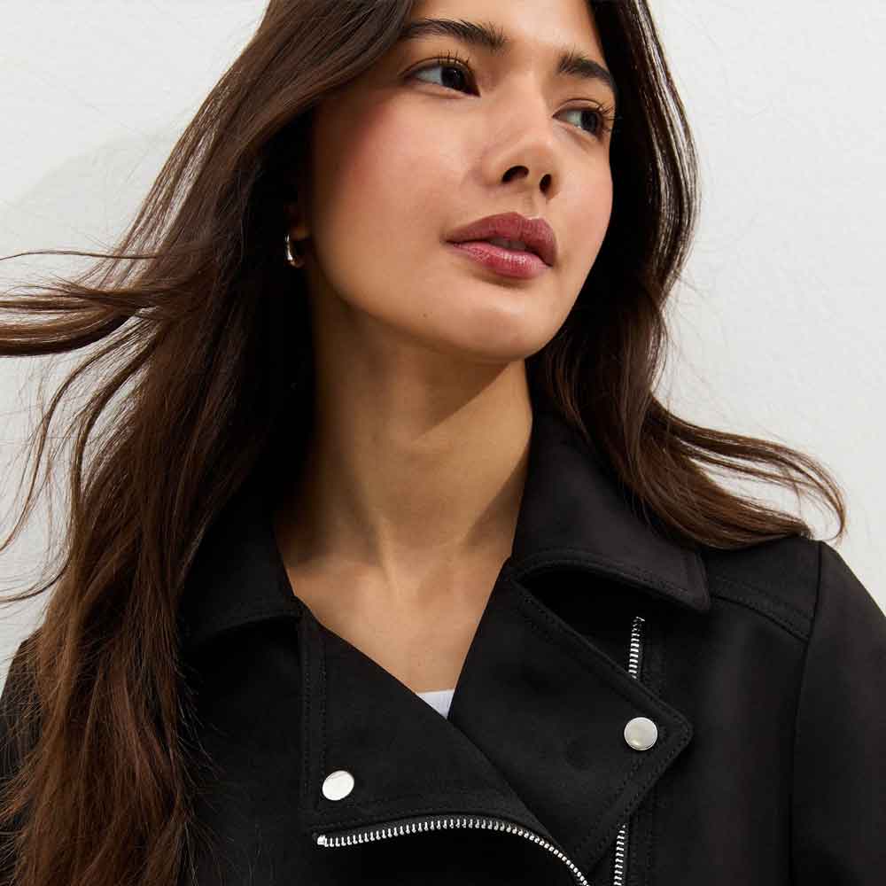 Ladies Black Suede Jacket in Biker Style