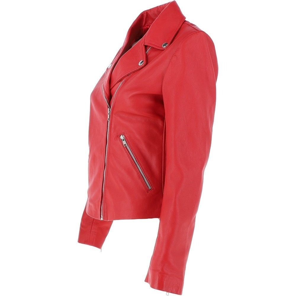 Women's Red Leather Biker Jacket Stylish & Slim Fit