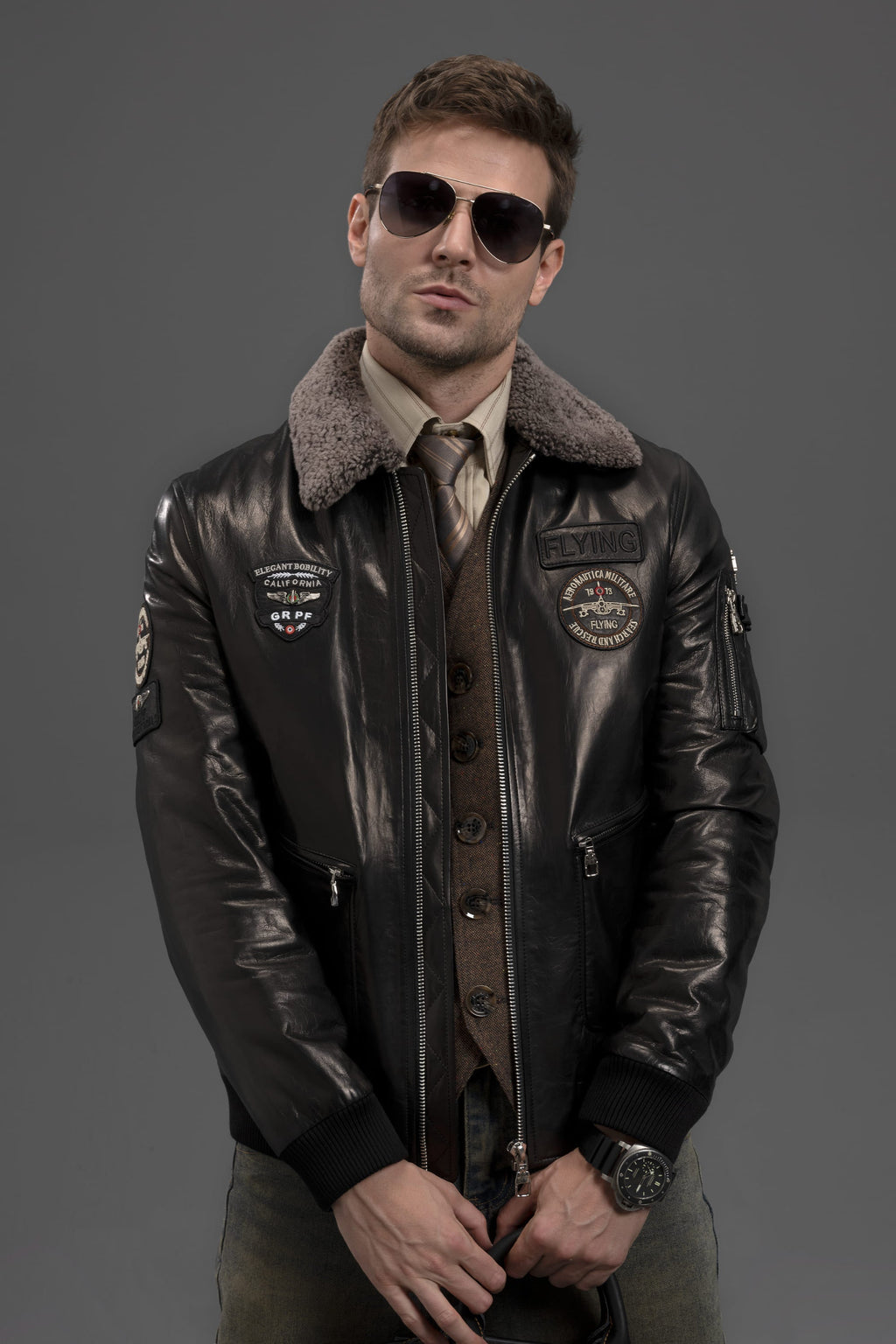 Black Lamb Fur Collar Goatskin Bomber Jacket
