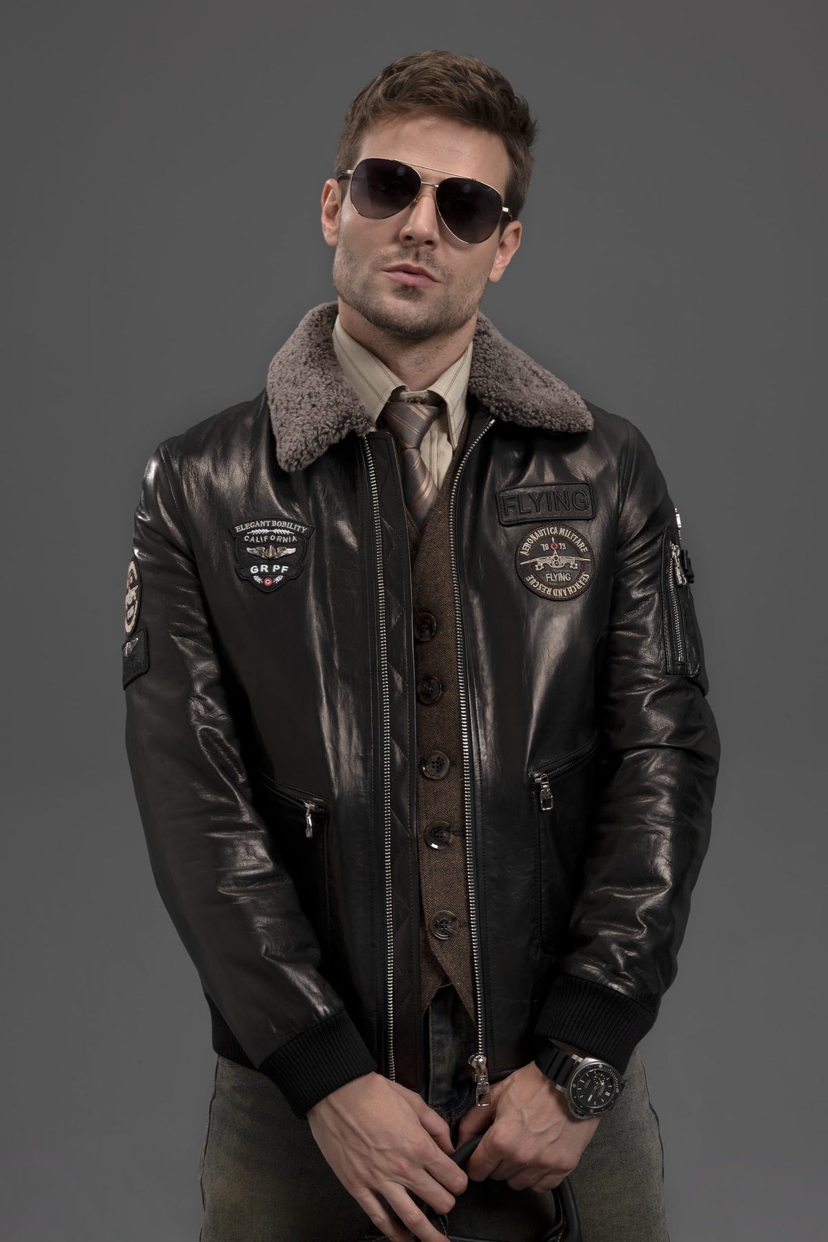 Black Lamb Fur Collar Goatskin Bomber Jacket