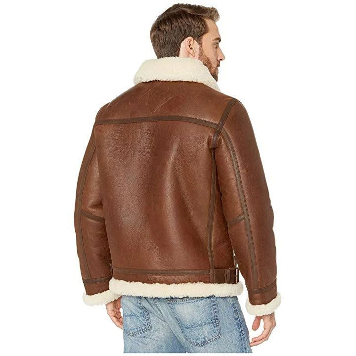 Men's Brown Shearling Trim Genuine Leather Aviator Jacket