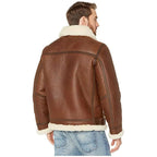 Men's Brown Shearling Trim Genuine Leather Aviator Jacket