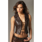 Women Brown Leather Corset Vest Lace Up