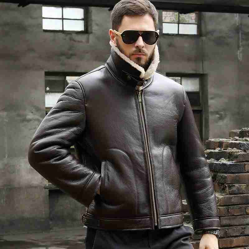 Men RAF B3 Bomber Shearling Sheepskin Retro Brown Leather Aviator Jacket