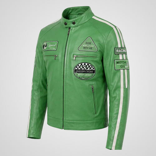 Green Leather Racing Motorcycle Jacket | Vintage Moto Biker Jacket with Racing Patches