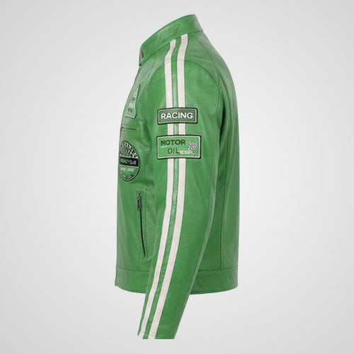 Green Leather Racing Motorcycle Jacket | Vintage Moto Biker Jacket with Racing Patches