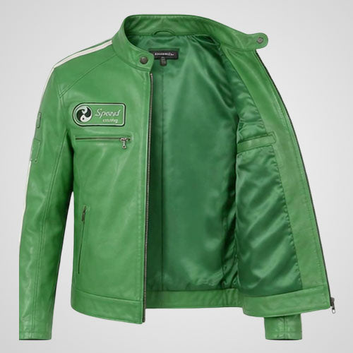 Green Leather Racing Motorcycle Jacket | Vintage Moto Biker Jacket with Racing Patches