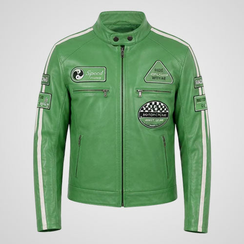 Green Leather Racing Motorcycle Jacket | Vintage Moto Biker Jacket with Racing Patches