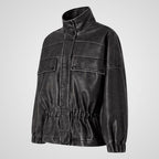 Leather Utility Field Jacket | Stand Collar Zip-Front Streetwear Jacket