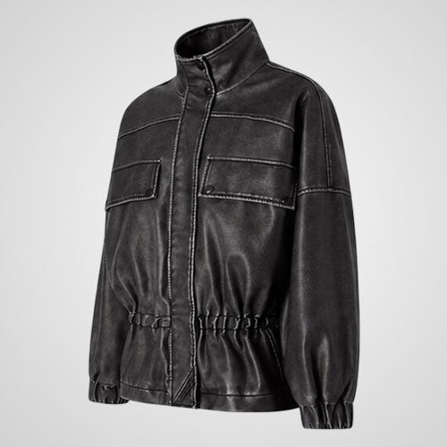 Leather Utility Field Jacket | Stand Collar Zip-Front Streetwear Jacket