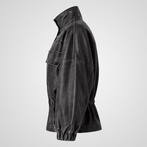 Leather Utility Field Jacket | Stand Collar Zip-Front Streetwear Jacket