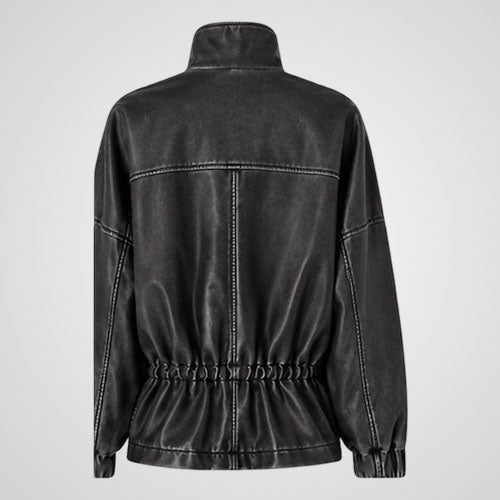 Leather Utility Field Jacket | Stand Collar Zip-Front Streetwear Jacket