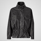 Leather Utility Field Jacket | Stand Collar Zip-Front Streetwear Jacket