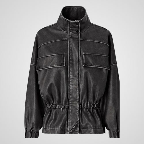 Leather Utility Field Jacket | Stand Collar Zip-Front Streetwear Jacket
