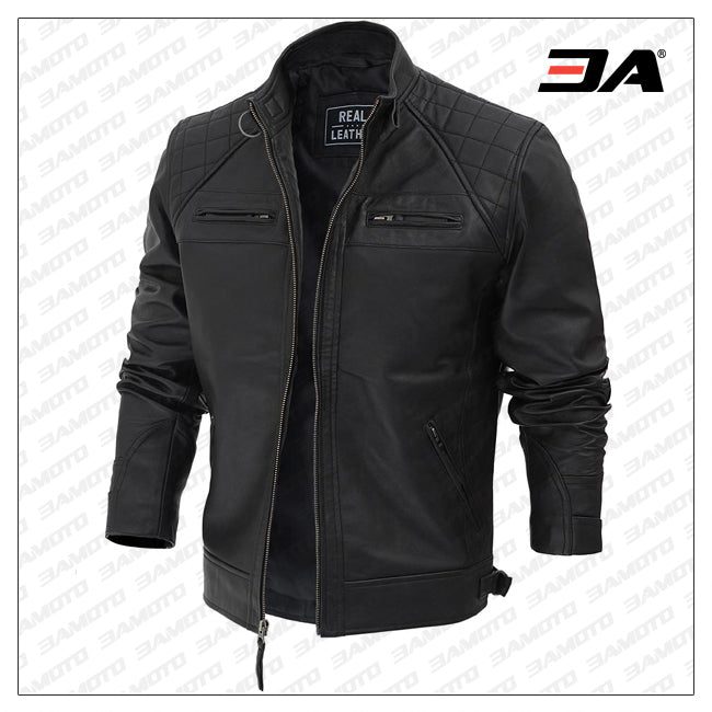 Johnson Diamond Classic Black Cafe Racer Biker Jacket