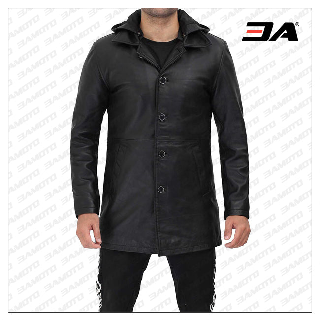 Devine Mens Black Leather Hooded Coat