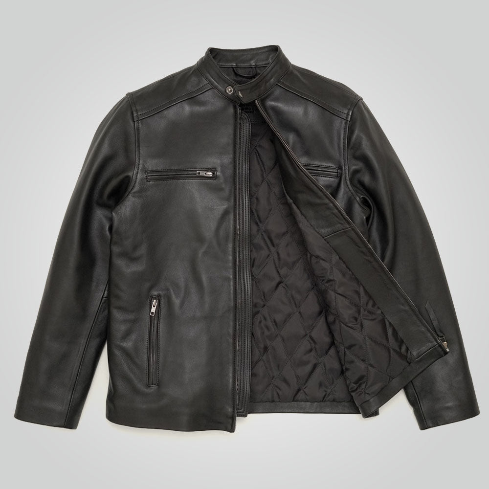 Men's Black Cafe Racer Leather Moto Jacket