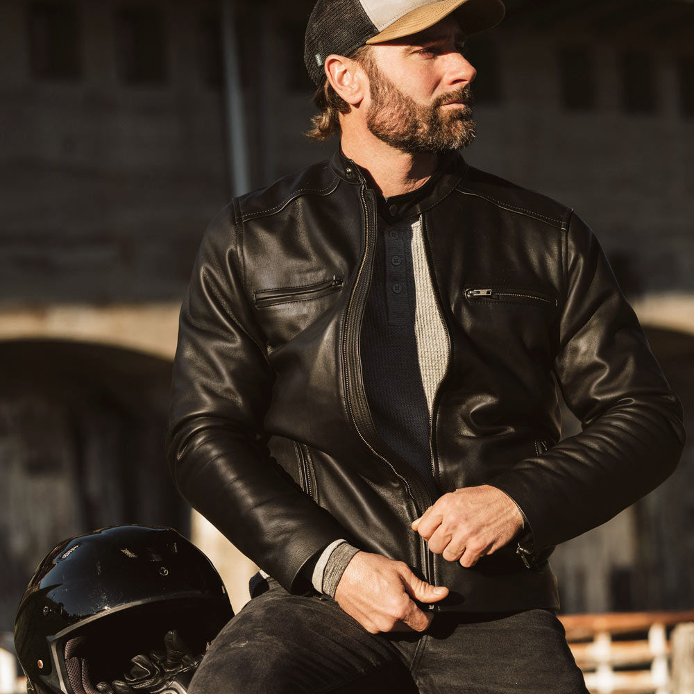 Men's Black Cafe Racer Leather Moto Jacket