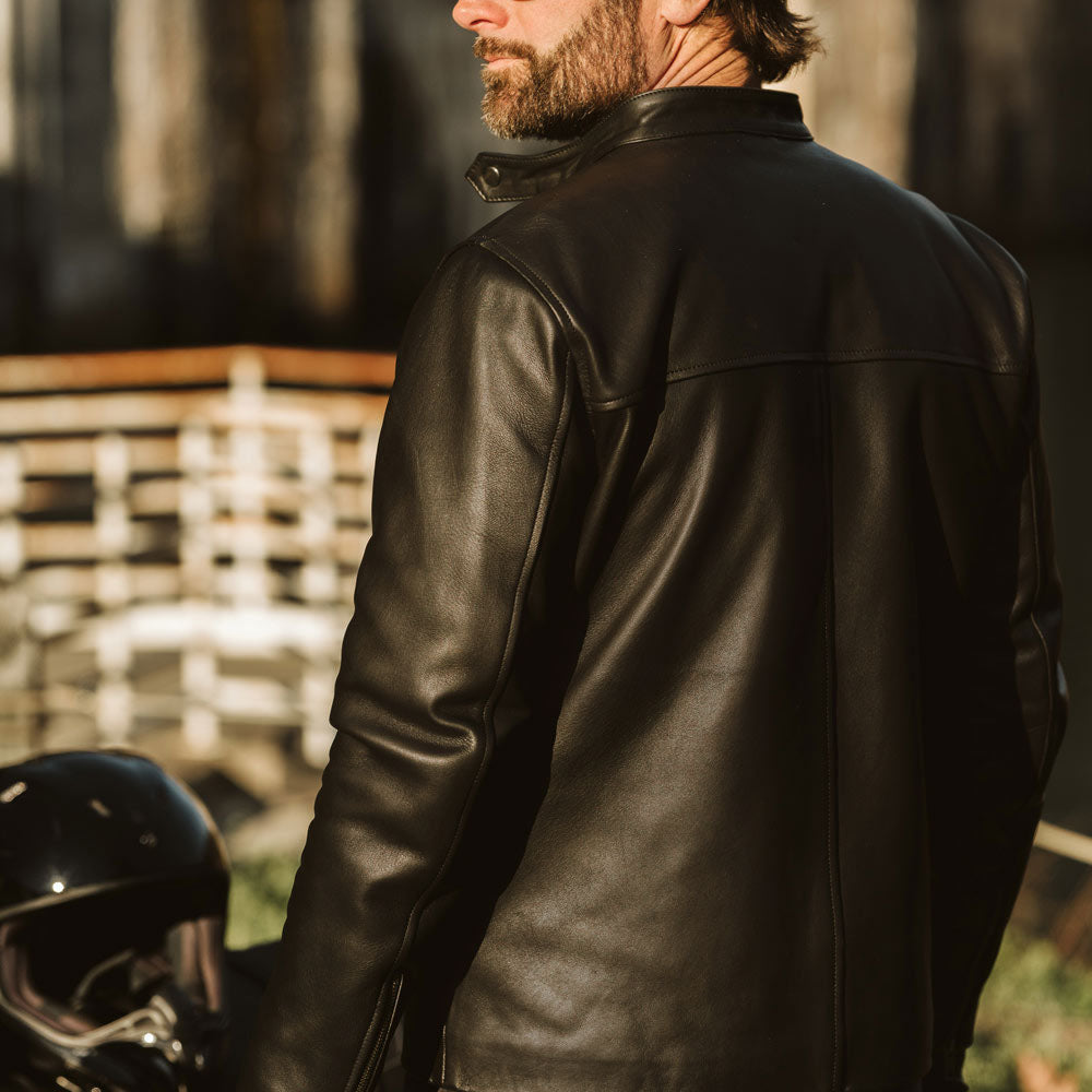Men's Black Cafe Racer Leather Moto Jacket
