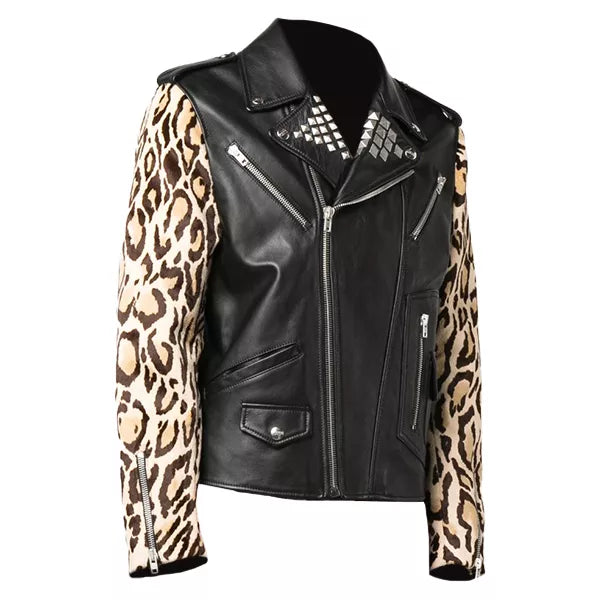 Mens Leopard Print Biker Leather Jacket