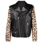 Mens Leopard Print Biker Leather Jacket