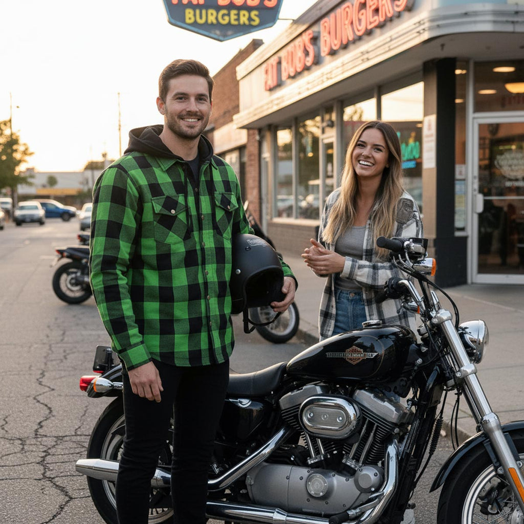 Milwaukee Leather Men’s Titans Green and Black Plaid Hooded Riding Shirt w/ CE Armor & Aramid Fiber Panels - MPM1659
